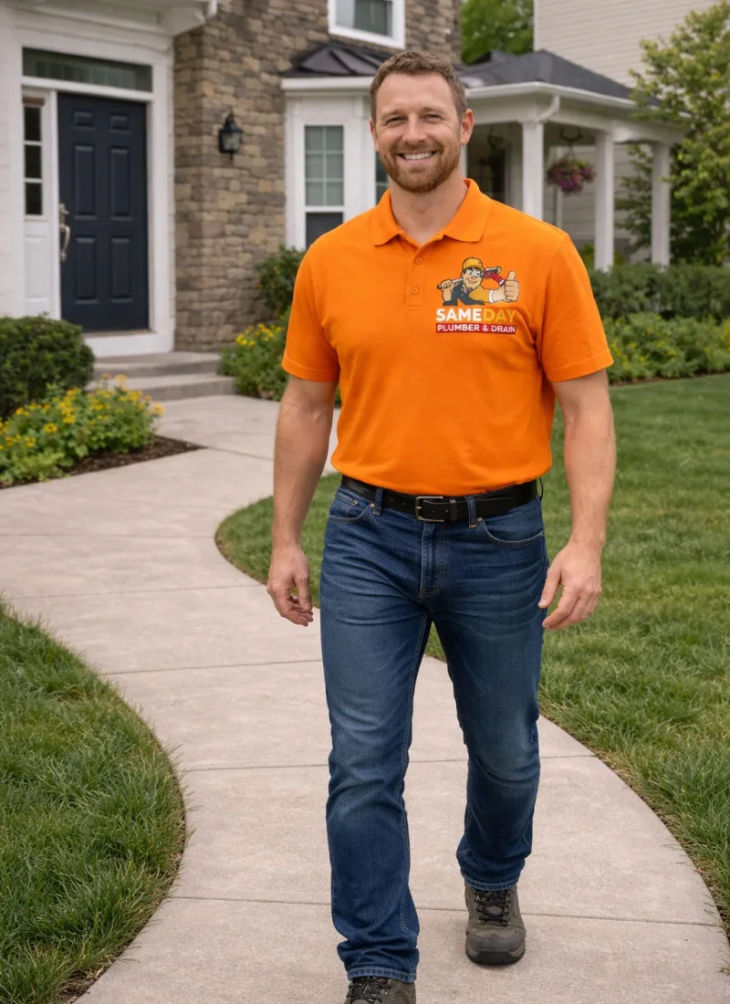 Plumber in a Same Day Plumber & Drain shirt walking up to a house